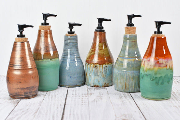 Handmade Ceramic Lotion / Soap Dispenser Stoneware Pottery in Copper Green Bronze Teal Blue Gray for Bathroom and Kitchen Decor