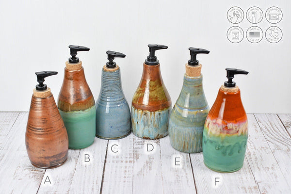 Handmade Ceramic Lotion / Soap Dispenser Stoneware Pottery in Copper Green Bronze Teal Blue Gray for Bathroom and Kitchen Decor