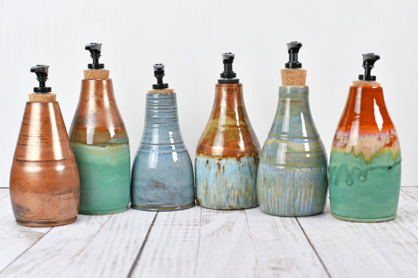 Handmade Ceramic Lotion / Soap Dispenser Stoneware Pottery in Copper Green Bronze Teal Blue Gray for Bathroom and Kitchen Decor