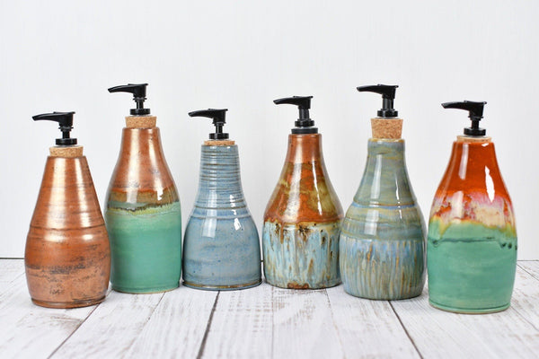 Handmade Ceramic Lotion / Soap Dispenser Stoneware Pottery in Copper Green Bronze Teal Blue Gray for Bathroom and Kitchen Decor