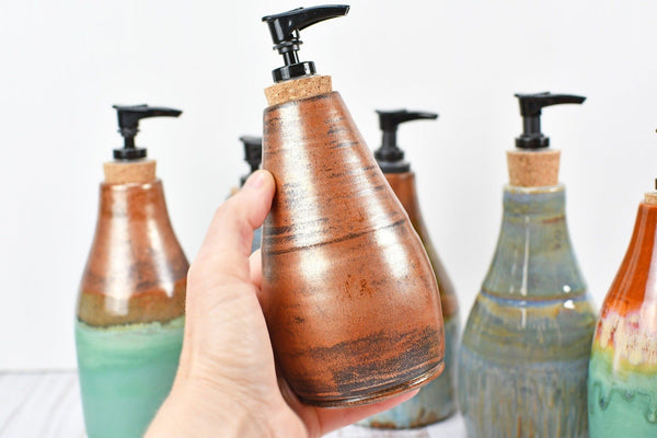Handmade Ceramic Lotion / Soap Dispenser Stoneware Pottery in Copper Green Bronze Teal Blue Gray for Bathroom and Kitchen Decor