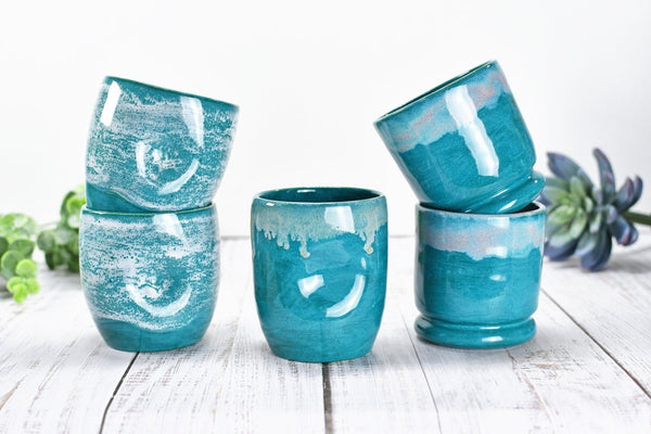 Stemless Ceramic Wine Tumbler Handmade with Thumb Dent, Cocktail Whiskey Bourbon Scotch Cup Stoneware Pottery in Turquoise and Beachy White