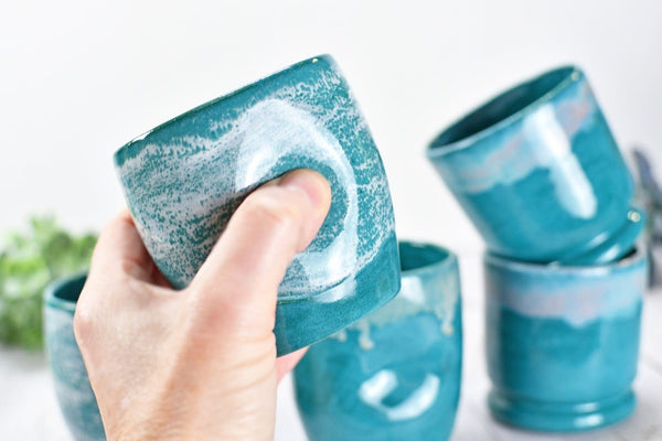 Stemless Ceramic Wine Tumbler Handmade with Thumb Dent, Cocktail Whiskey Bourbon Scotch Cup Stoneware Pottery in Turquoise and Beachy White