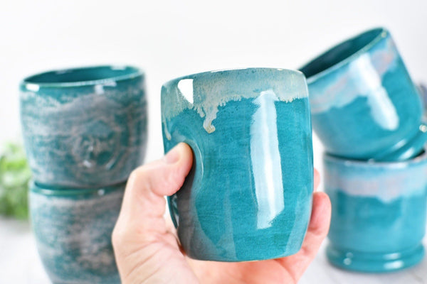 Stemless Ceramic Wine Tumbler Handmade with Thumb Dent, Cocktail Whiskey Bourbon Scotch Cup Stoneware Pottery in Turquoise and Beachy White