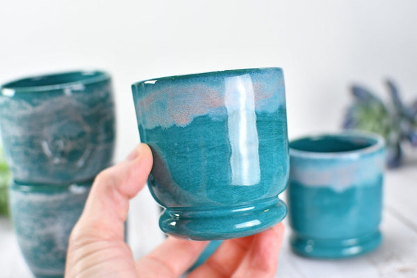 Stemless Ceramic Wine Tumbler Handmade with Thumb Dent, Cocktail Whiskey Bourbon Scotch Cup Stoneware Pottery in Turquoise and Beachy White