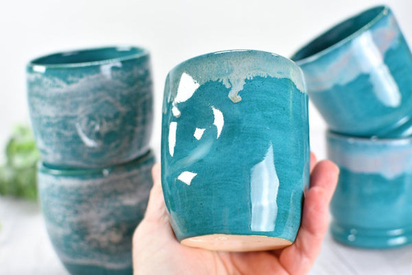 Stemless Ceramic Wine Tumbler Handmade with Thumb Dent, Cocktail Whiskey Bourbon Scotch Cup Stoneware Pottery in Turquoise and Beachy White