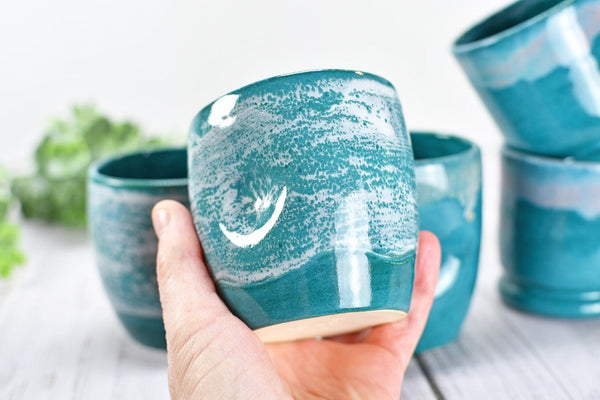 Stemless Ceramic Wine Tumbler Handmade with Thumb Dent, Cocktail Whiskey Bourbon Scotch Cup Stoneware Pottery in Turquoise and Beachy White