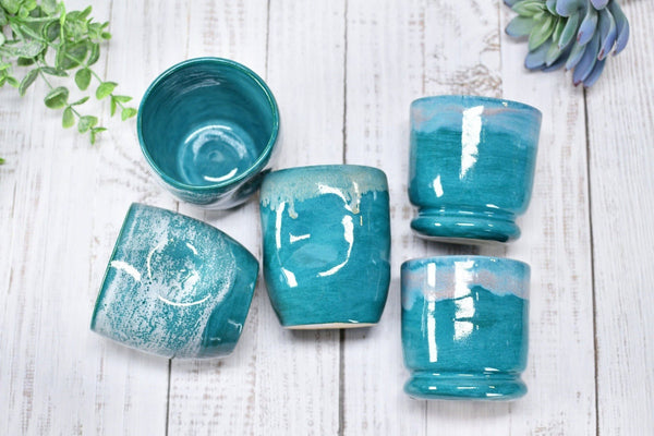 Stemless Ceramic Wine Tumbler Handmade with Thumb Dent, Cocktail Whiskey Bourbon Scotch Cup Stoneware Pottery in Turquoise and Beachy White