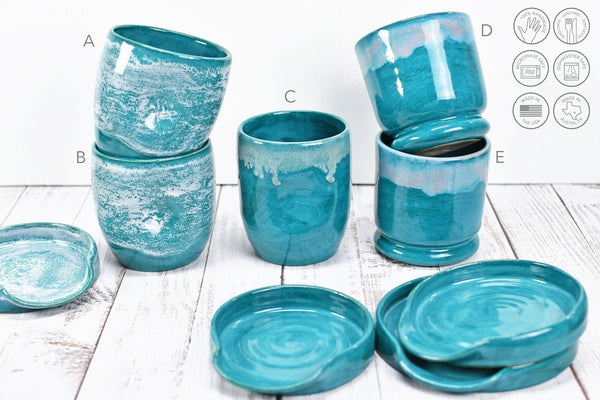 Stemless Ceramic Wine Tumbler Handmade with Thumb Dent, Cocktail Whiskey Bourbon Scotch Cup Stoneware Pottery in Turquoise and Beachy White