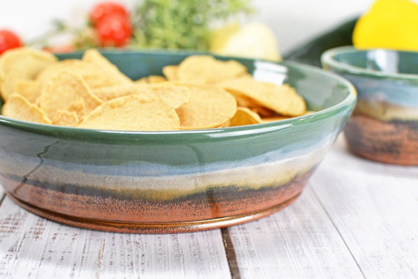 Chip and Dip Ceramic Bowl Set, Handmade Beachy Copper and Turquoise Detached Snack Stoneware Pottery Party Serving Dishes
