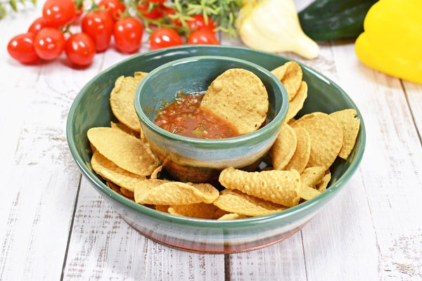 Chip and Dip Ceramic Bowl Set, Handmade Beachy Copper and Turquoise Detached Snack Stoneware Pottery Party Serving Dishes