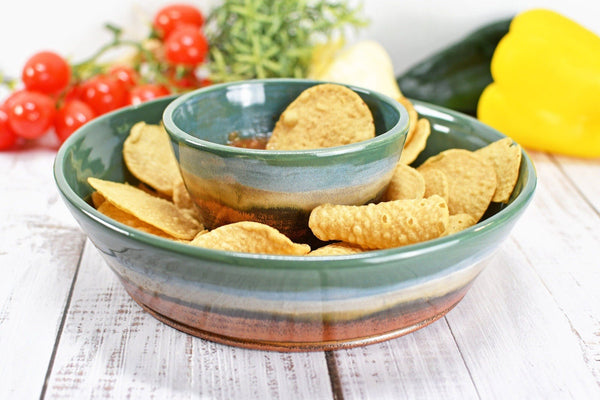 Chip and Dip Ceramic Bowl Set, Handmade Beachy Copper and Turquoise Detached Snack Stoneware Pottery Party Serving Dishes