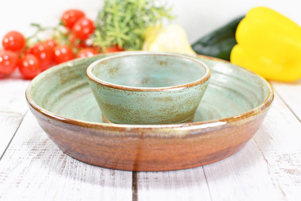 Chip and Dip Ceramic Bowl Set, Handmade Rustic Copper and Sage Green Detached Snack Stoneware Pottery Party Serving Dishes