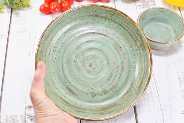 Chip and Dip Ceramic Bowl Set, Handmade Rustic Copper and Sage Green Detached Snack Stoneware Pottery Party Serving Dishes