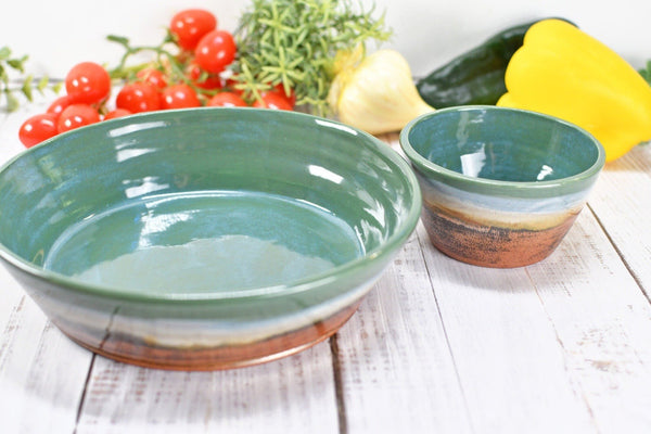 Chip and Dip Ceramic Bowl Set, Handmade Beachy Copper and Turquoise Detached Snack Stoneware Pottery Party Serving Dishes