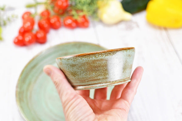 Chip and Dip Ceramic Bowl Set, Handmade Rustic Copper and Sage Green Detached Snack Stoneware Pottery Party Serving Dishes
