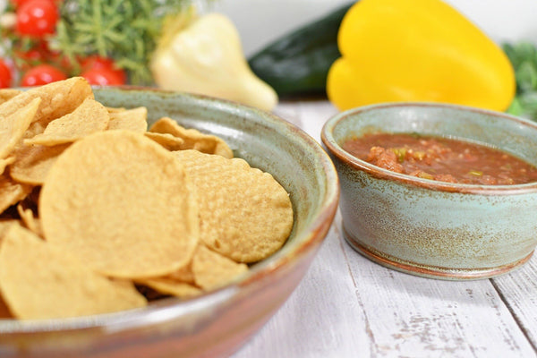Chip and Dip Ceramic Bowl Set, Handmade Rustic Copper and Sage Green Detached Snack Stoneware Pottery Party Serving Dishes