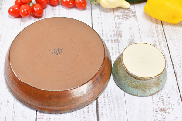 Chip and Dip Ceramic Bowl Set, Handmade Rustic Copper and Sage Green Detached Snack Stoneware Pottery Party Serving Dishes
