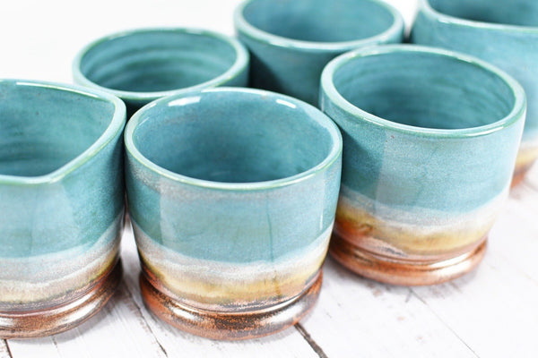 Whiskey Bourbon Tumblers, Handmade Ceramic Pottery Scotch or Wine Barware Birthday, Anniversary or Wedding Gift in Copper, Beachy Blue