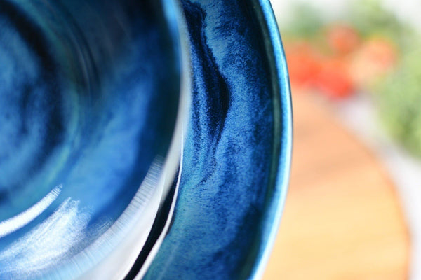 Chip and Dip Ceramic Bowl Set, Handmade Blue Attached Snack Stoneware Pottery Medium Size Party Serving Dish, Unique Housewarming Gift