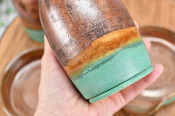 Ceramic Lotion / Soap Dispenser & Stove Top Spoon Rest Handmade Stoneware Pottery in Copper and Sage Green Turquoise for Kitchen Bathroom