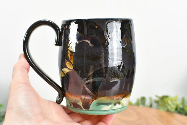 Bat Halloween Large Coffee Mug, Drippy Sparkle Black Stoneware Pottery Ceramic Cup with Turquoise Base, Punk Gothic Decor, Handmade Gift