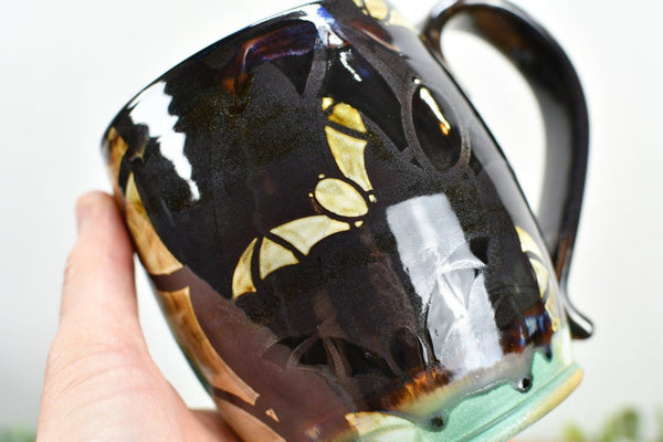 Bat Halloween Large Coffee Mug, Drippy Sparkle Black Stoneware Pottery Ceramic Cup with Turquoise Base, Punk Gothic Decor, Handmade Gift