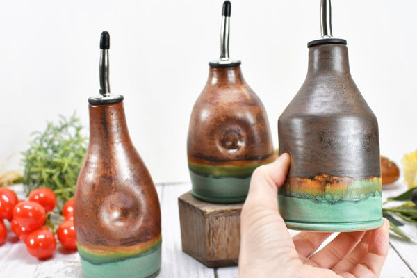 Ceramic Olive Oil Bottle Cruet Dispenser in Copper, Bronze & Patina Turquoise Green, Handmade Anniversary Gift Stoneware Pottery, or Vase