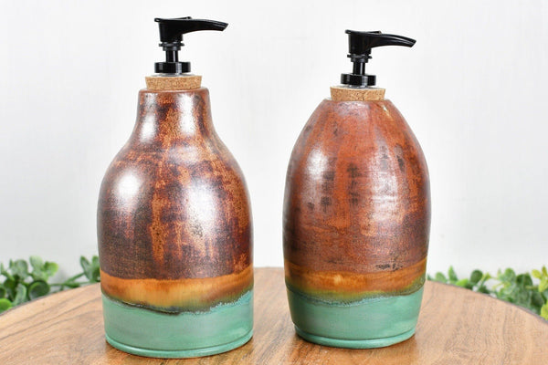 Ceramic Lotion / Soap Dispenser & Stove Top Spoon Rest Handmade Stoneware Pottery in Copper and Sage Green Turquoise for Kitchen Bathroom