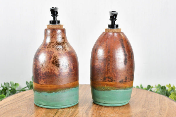 Ceramic Lotion / Soap Dispenser & Stove Top Spoon Rest Handmade Stoneware Pottery in Copper and Sage Green Turquoise for Kitchen Bathroom