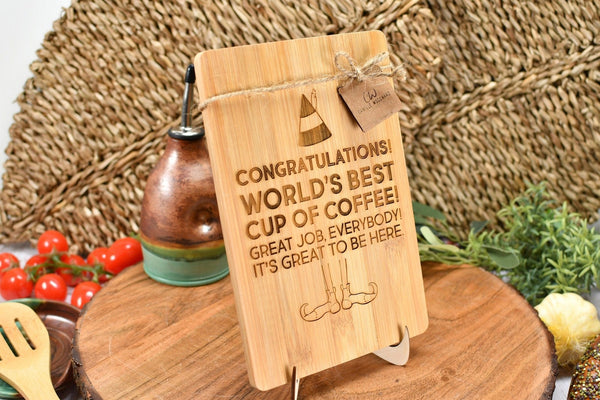 Small Bamboo Cutting Board with Elf Christmas Movie Quotes for Counter Display - World's Best Cup of Coffee, Ninnymuggins, Nutcracker, Candy