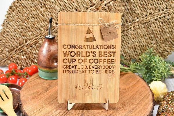 Small Bamboo Cutting Board with Elf Christmas Movie Quotes for Counter Display - World's Best Cup of Coffee, Ninnymuggins, Nutcracker, Candy