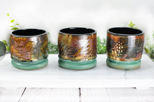 Monarch Butterfly Handmade Pottery Tumbler Cup, Small Abstract Floral Ceramic Stoneware Hand Painted in Copper, Patina Green, Cream, Microwave Safe