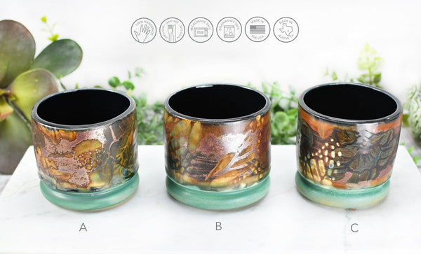 Monarch Butterfly Handmade Pottery Tumbler Cup, Small Abstract Floral Ceramic Stoneware Hand Painted in Copper, Patina Green, Cream, Microwave Safe