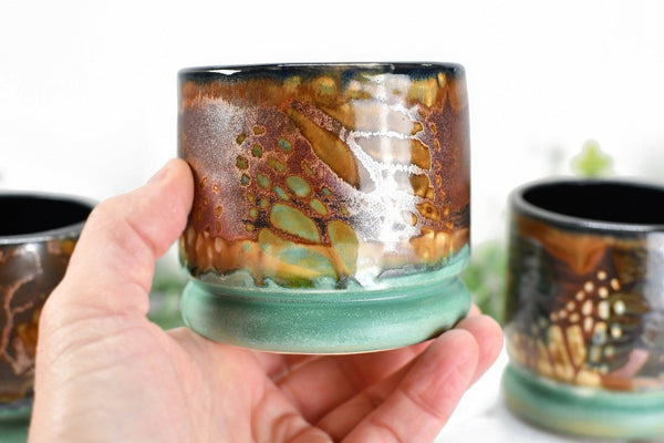 Monarch Butterfly Handmade Pottery Tumbler Cup, Small Abstract Floral Ceramic Stoneware Hand Painted in Copper, Patina Green, Cream, Microwave Safe