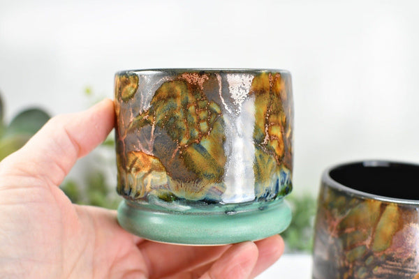 Monarch Butterfly Handmade Pottery Tumbler Cup, Small Abstract Floral Ceramic Stoneware Hand Painted in Copper, Patina Green, Cream, Microwave Safe