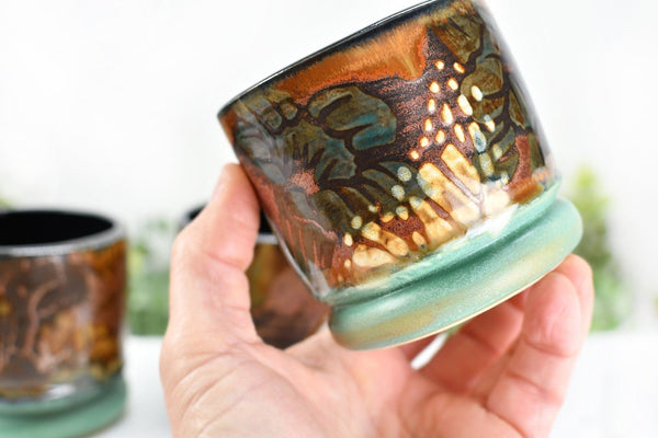 Monarch Butterfly Handmade Pottery Tumbler Cup, Small Abstract Floral Ceramic Stoneware Hand Painted in Copper, Patina Green, Cream, Microwave Safe