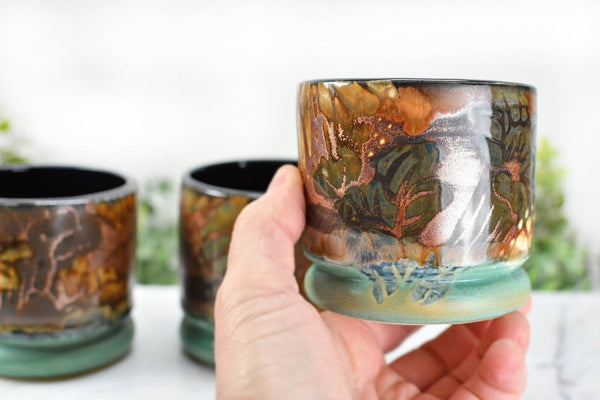Monarch Butterfly Handmade Pottery Tumbler Cup, Small Abstract Floral Ceramic Stoneware Hand Painted in Copper, Patina Green, Cream, Microwave Safe
