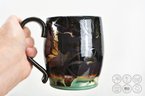 Bat Halloween Large Coffee Mug, Drippy Sparkle Black Stoneware Pottery Ceramic Cup with Turquoise Base, Punk Gothic Decor, Handmade Gift