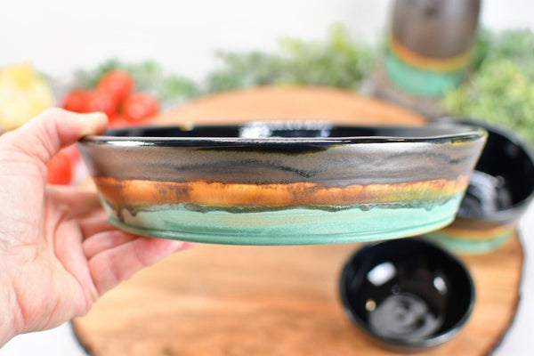 Chip and Dip Ceramic Bowl Set, Handmade Bronze Copper and Turquoise Satin Patina Green Detached Snack Stoneware Pottery Party Serving Dishes