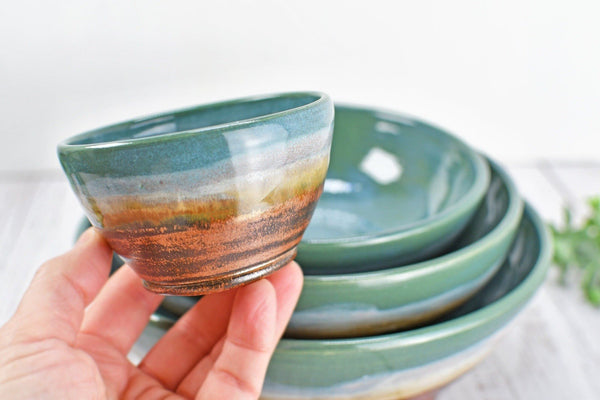 Nested Ceramic Bowl Set, Handmade Beachy Copper and Turquoise Stoneware Pottery Party Serving Dishes for Housewarming Wedding and Birthday