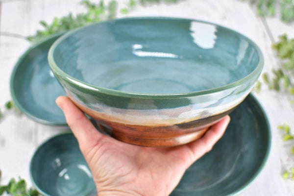 Nested Ceramic Bowl Set, Handmade Beachy Copper and Turquoise Stoneware Pottery Party Serving Dishes for Housewarming Wedding and Birthday