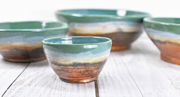 Nested Ceramic Bowl Set, Handmade Beachy Copper and Turquoise Stoneware Pottery Party Serving Dishes for Housewarming Wedding and Birthday