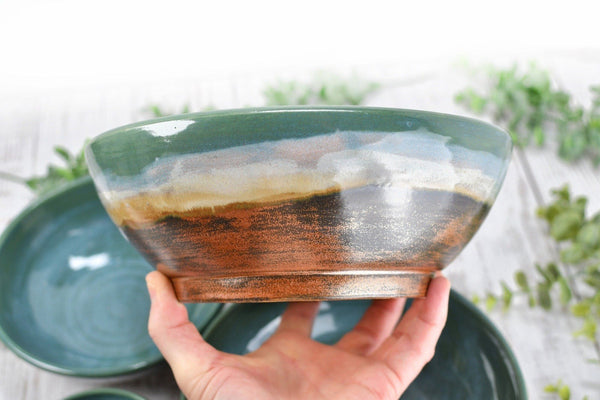Nested Ceramic Bowl Set, Handmade Beachy Copper and Turquoise Stoneware Pottery Party Serving Dishes for Housewarming Wedding and Birthday