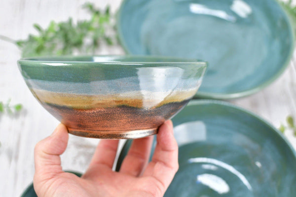 Nested Ceramic Bowl Set, Handmade Beachy Copper and Turquoise Stoneware Pottery Party Serving Dishes for Housewarming Wedding and Birthday