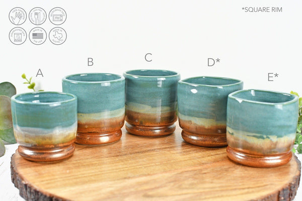 Whiskey Bourbon Tumblers, Handmade Ceramic Pottery Scotch or Wine Barware Birthday, Anniversary or Wedding Gift in Copper, Beachy Blue