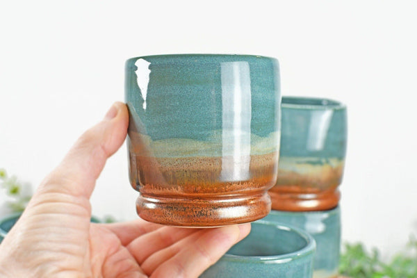Whiskey Bourbon Tumblers, Handmade Ceramic Pottery Scotch or Wine Barware Birthday, Anniversary or Wedding Gift in Copper, Beachy Blue