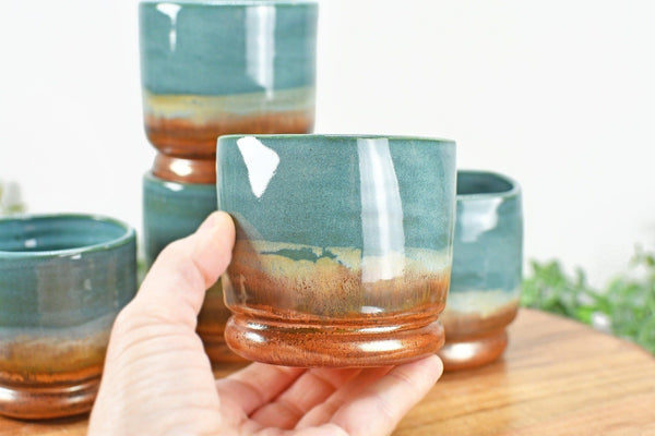 Whiskey Bourbon Tumblers, Handmade Ceramic Pottery Scotch or Wine Barware Birthday, Anniversary or Wedding Gift in Copper, Beachy Blue