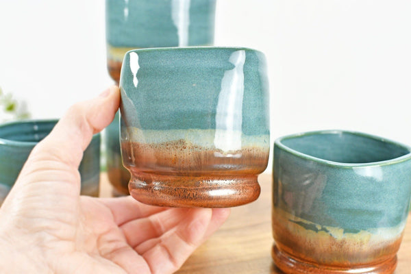 Whiskey Bourbon Tumblers, Handmade Ceramic Pottery Scotch or Wine Barware Birthday, Anniversary or Wedding Gift in Copper, Beachy Blue