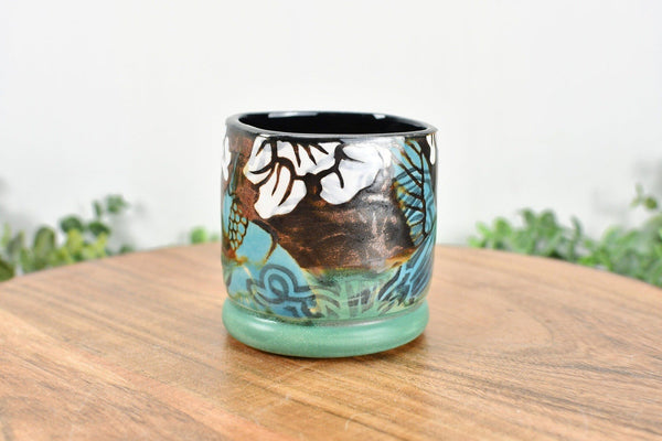 Handmade Pottery Tumbler Cup, Hummingbird Abstract Floral Ceramic Stoneware Hand Painted Copper, Turquoise Blue, Patina Green Christmas Gift for Her